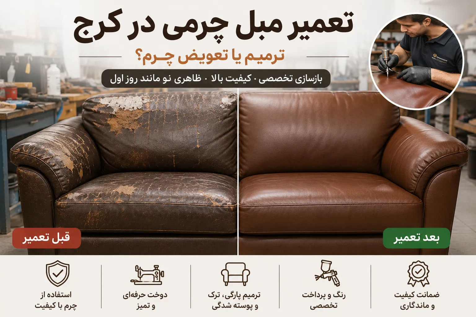 تعمیر مبل چرمی در کرج؛ ترمیم یا تعویض چرم؟
